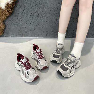 2024 Autumn/Winter Retro Dad Shoes, Thick-Soled, Velvet Lined, Red Dual Lace, Breathable Women's Sneakers