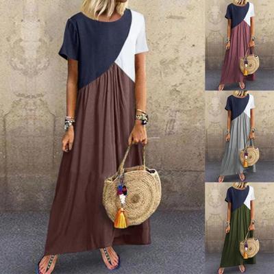 Damen Sommer Maxi Kleid Rundhals Kurzarm Langes Kleid Locker Colorblock Alltagskleid
