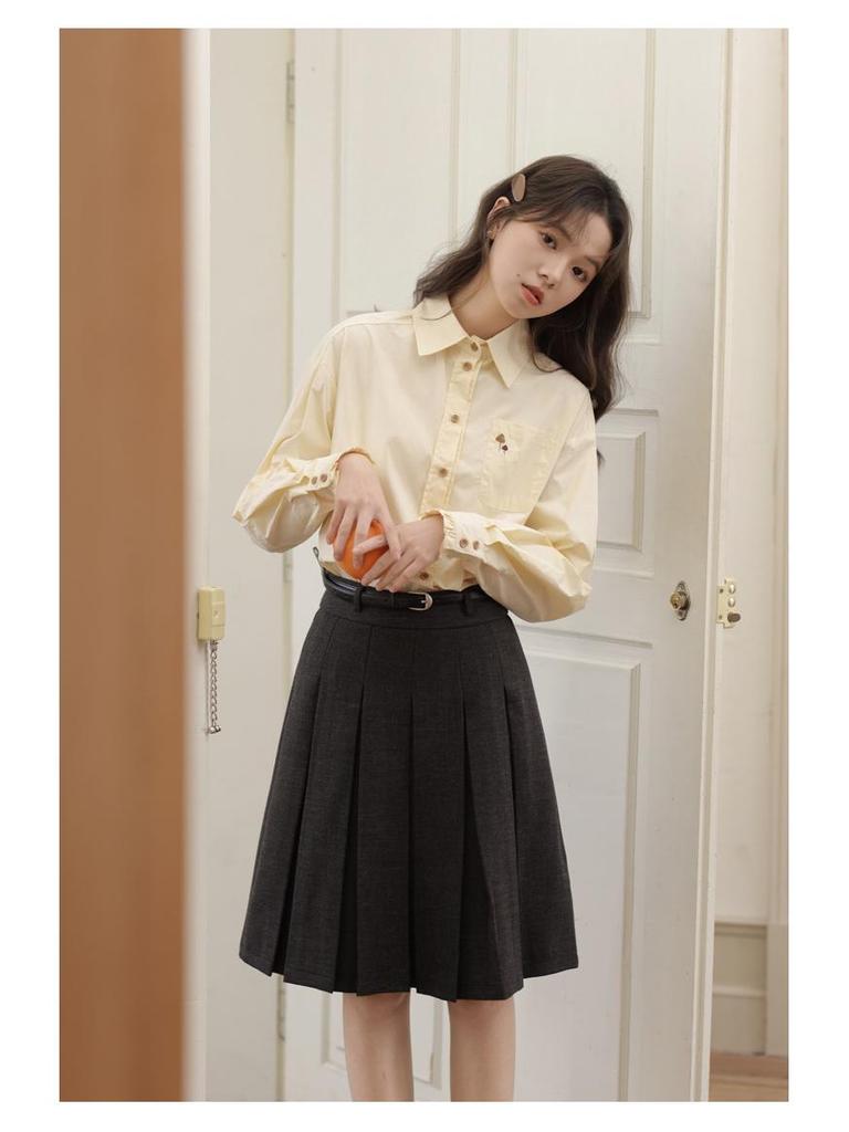 Women's Yellow Long Sleeve French Embroidery Polo Collar Shirt - Versatile, Professional, Casual Blouse