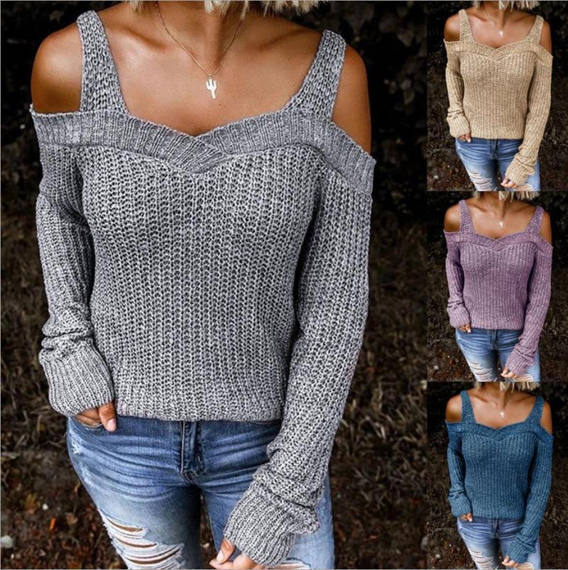 Autumn New Sexy Strap Off-Shoulder Sweater Solid Color Casual Long-Sleeved Sweater Woman Clothing