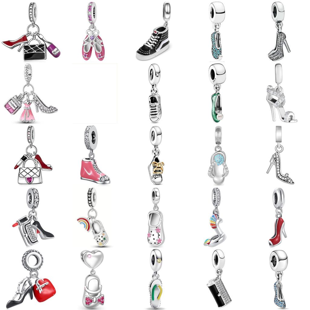 Pure Silver 925 Bracelet for Women Fashion Jewelry with High Heels Sandals Pendant Beads Original Charms