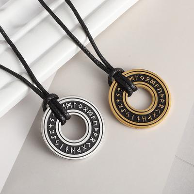 Vintage Norwegian Viking Rune Stainless Steel Pendant with Adjustable Braided Leather Rope Chain Men Women Nordic Viking Jewelry