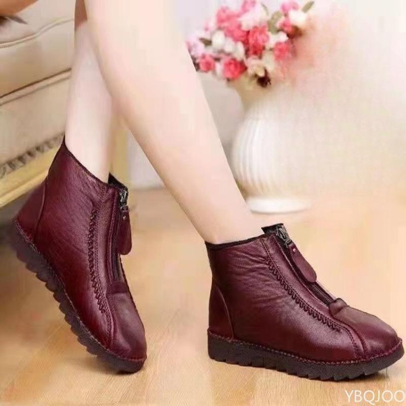 Fashion Winter Women Ankle Boots Fashion Warm Mother's Boots Flat-Bottom Comfortable Non Slip Front Zipper Closure Female Footwear
