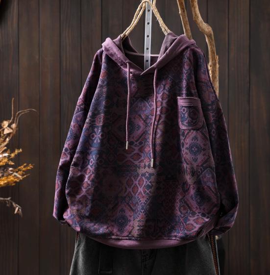 Hanorac Casual Loose cu Mânecă Lungă și Imprimeu Retro pentru Femei - Toamnă