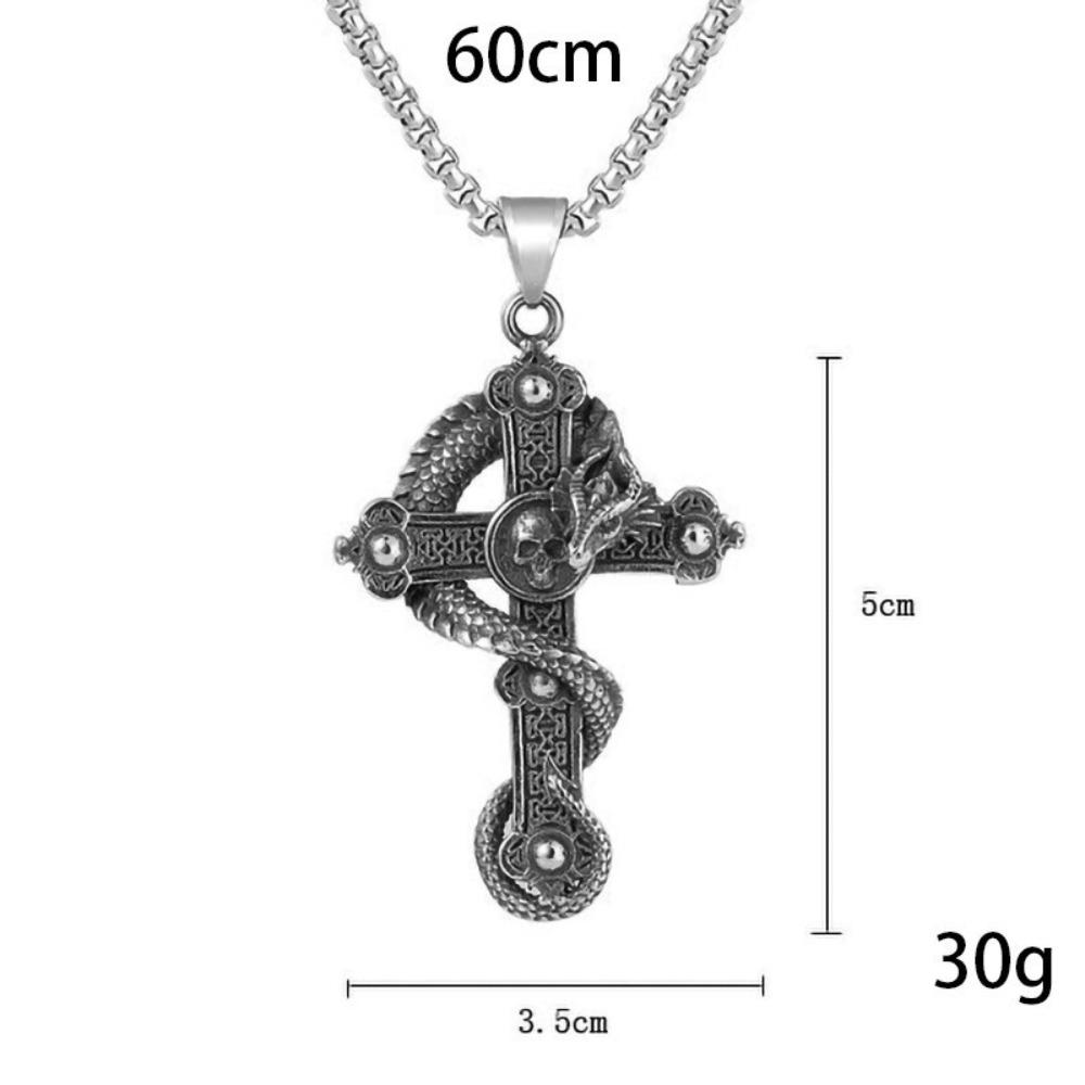 Punk Personality Sliver Color Snake Winding Cross Skull Relief Pendant Necklace for Men Women Halloween Stainless Steel Jewelry