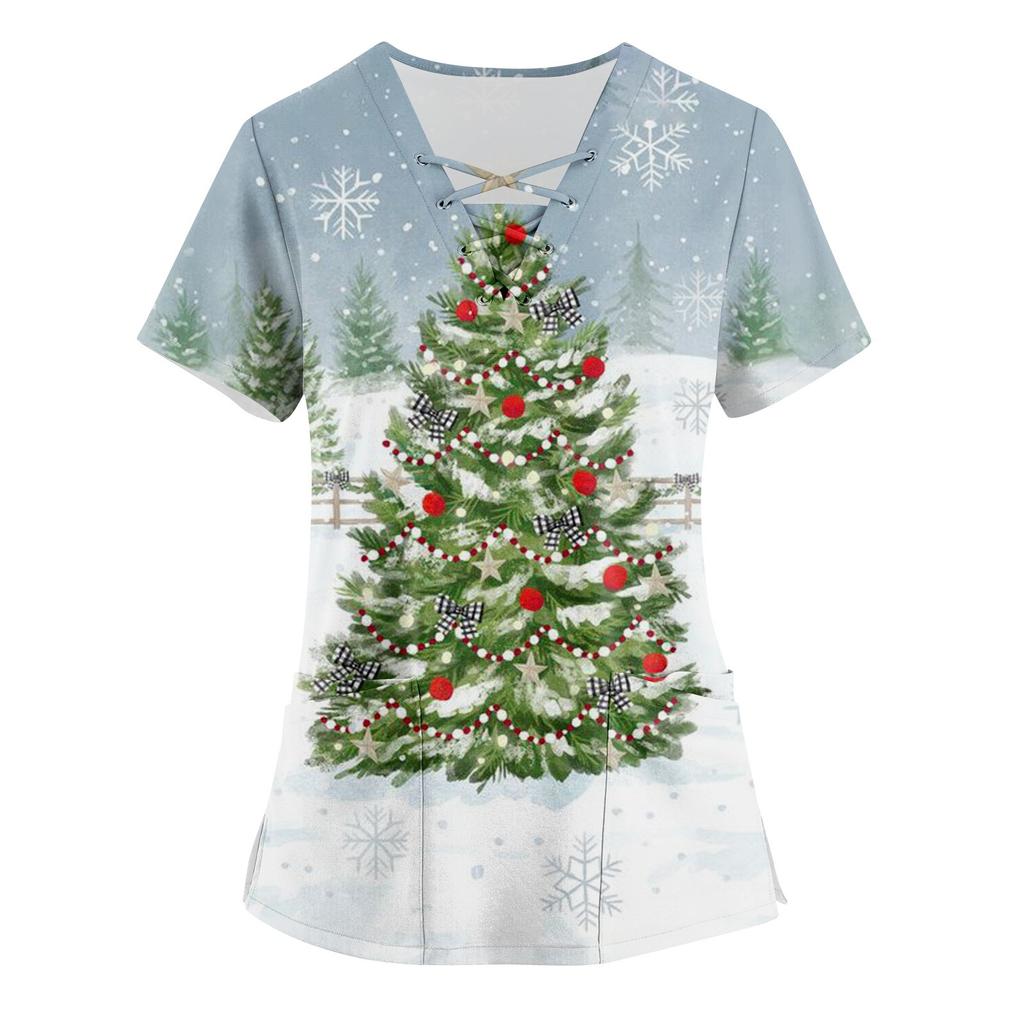 Women's Christmas Printing Short Sleeve V-neck Tops Working Pocket Blouse