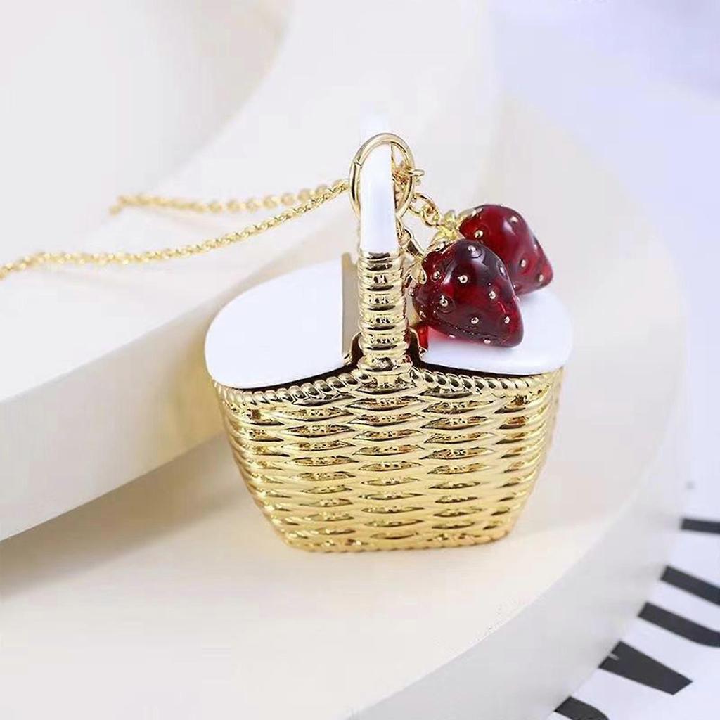 Colorful Strawberry and Basket Pendant Necklace Stylish Clavicle Chain Fashionable Neckchain Accessories for Women