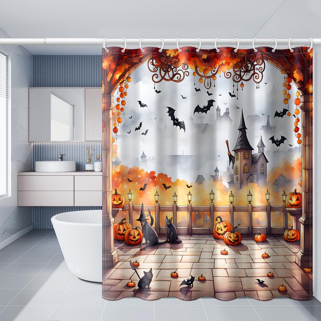 1pc Simulated Window Pumpkin Tree Halloween Bat Shower Curtain with Plastic Hooks, Decorated In Autumn and Winter Style