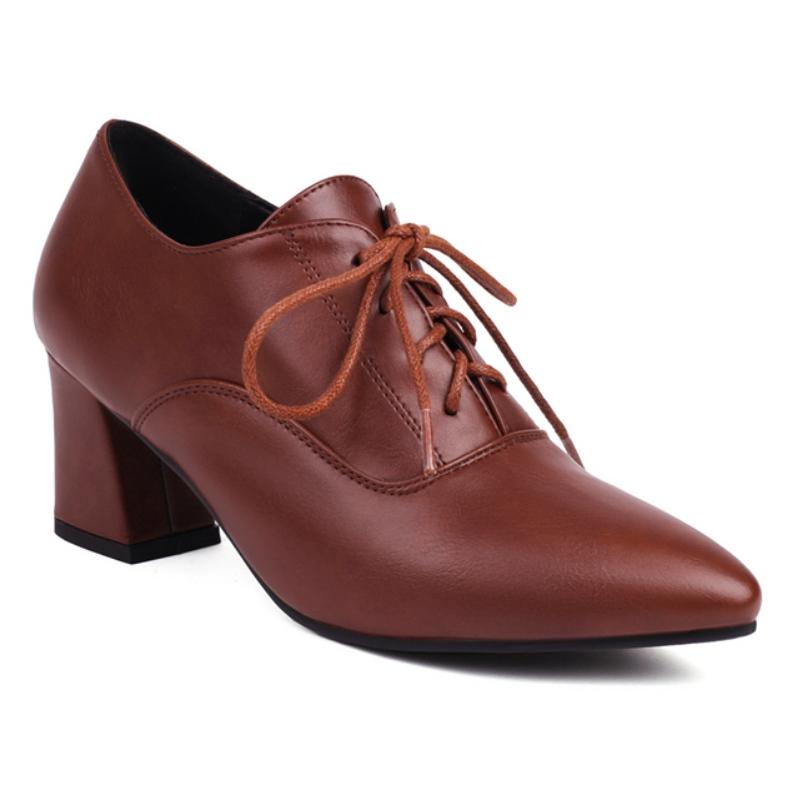 Elegant Women's Low Heels Loafer Shoes Fashion Lace-up Black Khaki Nude Short Heeled Party Wedding Office Shoes Female Big Size