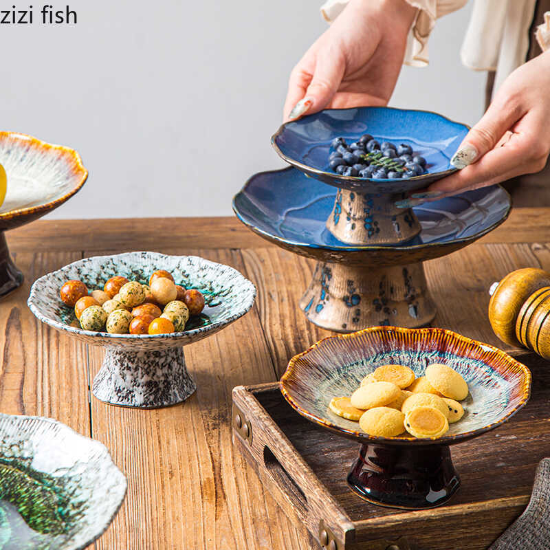 High Foot Tea Tray Dessert Plate Dim Sum Dish Dining Plate Dried Fruit Platter Sushi Plates Cake Stand Snack Tray Fruit Bowl