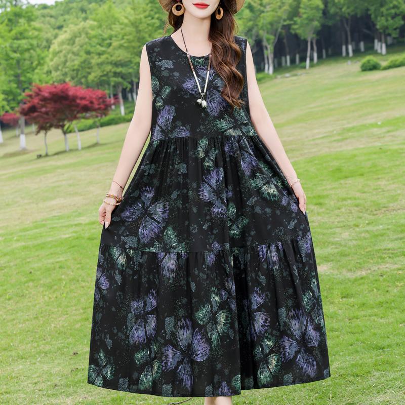 Elegant Sleeveless Dress for Women Plus Size Loose Vintage Print Long Dress Summer Middle-aged Women's Clothing