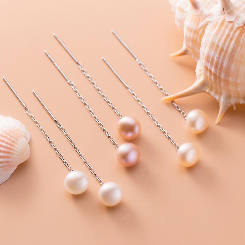 925 Sterling Silver Trendy Elegant Round Pearl Long Chain Tassel Dangle Earrings for Women Girls Party Fine Jewelry