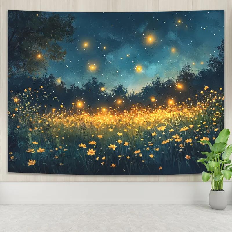 VIKAMA Firefly Night Sky Tapestry Aesthetic Summer Meadow Wall Hanging Boho Home Decor for Living Room Bedroom Dorm Art Tapestry