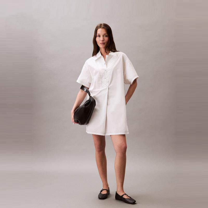 Calvin Klein Vintage Cotton Contrast Stitch Half-Placket Shirt Dress Women Dresses 47C016G