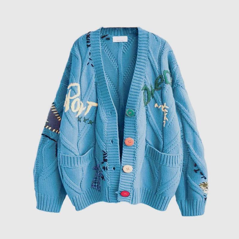 

Женский осенне-зимний свитер с вышивкой, свободная вязаная куртка с v-образным вырезом, длинными рукавами и буквенным узором, карманом One size