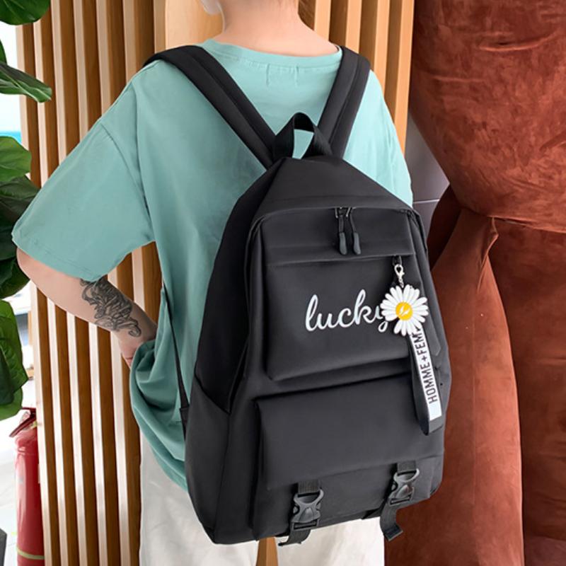 New Fashion Backpack Women's Korean Edition Letter Contrast Backpack Junior High School High School Four Piece Set