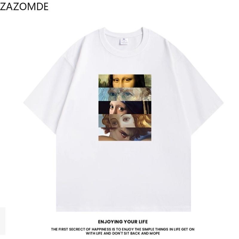 ZAZOMDE Minimalist Vintage Painting Cut Splicing Graphic Tee Unisex Loose Cotton Short Sleeve Art Casual Street Tops 2026 NEW