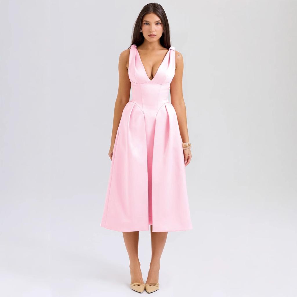 Summer new slim suspender long dress fashion solid color V-neck temperament dress