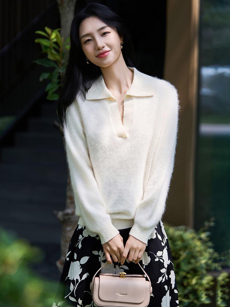 Pure Wool Lapel Knit Long Sleeve Women's Soft Brushed Base Layer for 2025 Autumn/Winter