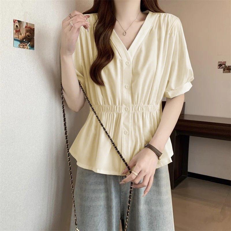 Women Light Blue V Neck Puff Sleeve Elastic Waist Peplum Button Down Casual Blouse