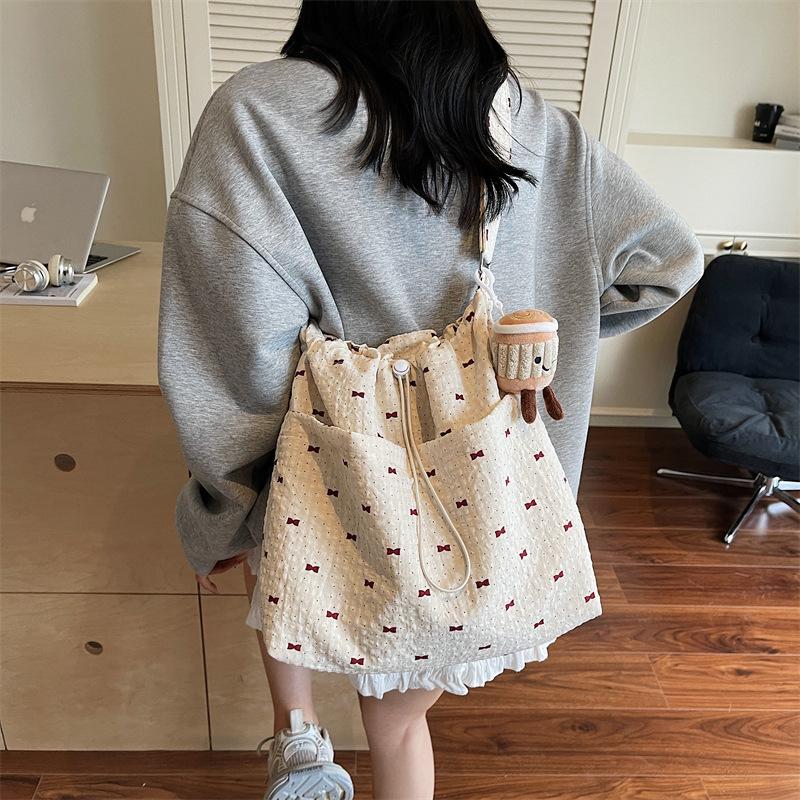 Striped canvas bag women's large capacity summer versatile shoulder messenger bag drawstring premium sense bucket bag