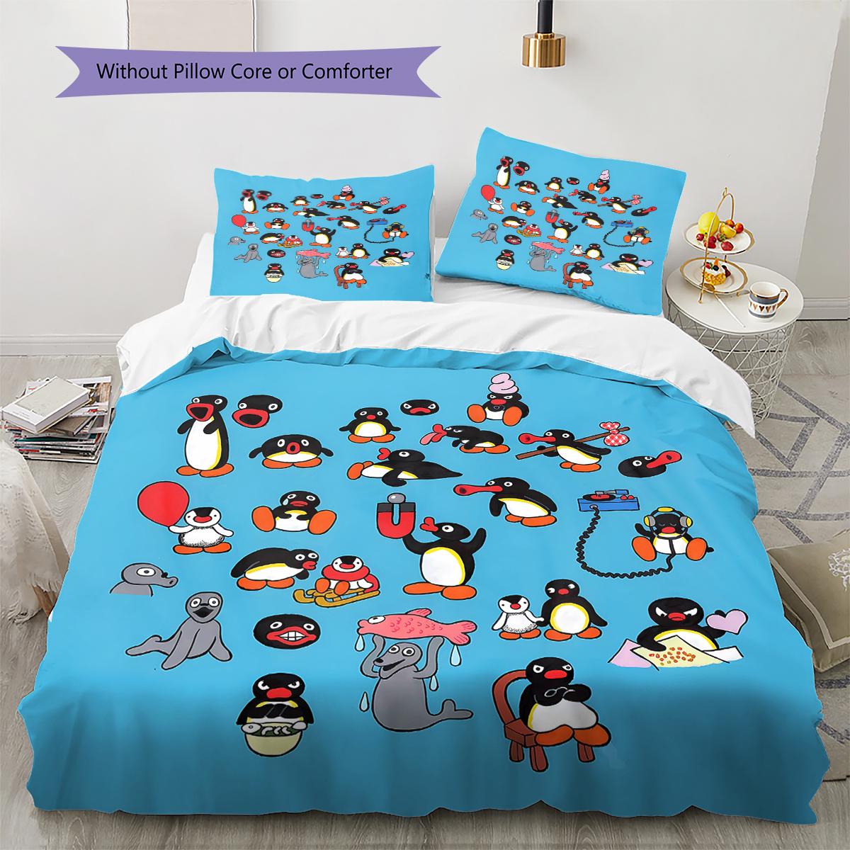 PINGU Muster Bettwäsche, Bettdecken-Set Bettdeckenbezug Kissenbezug Zuhause Geburtstagsgeschenk (1 Bettbezug + 2 Kissenbezüge, ohne Füllung) 135x200cm blue