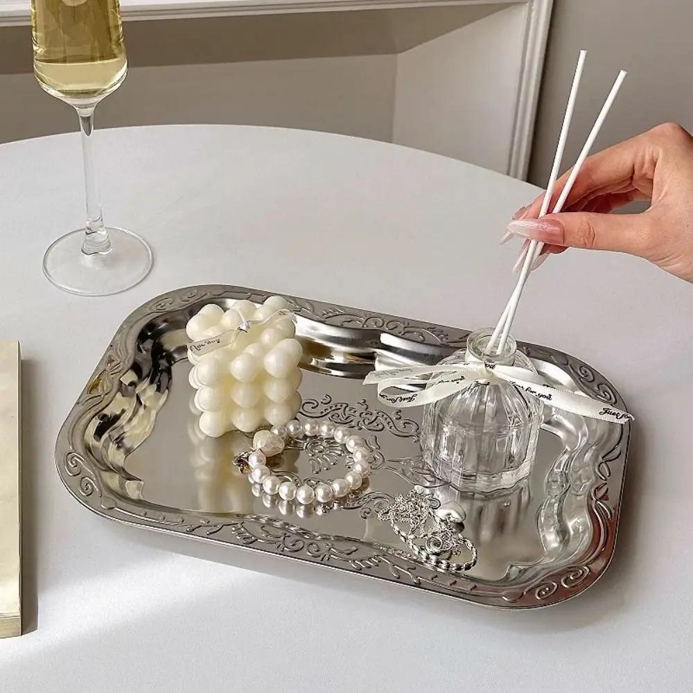 New Stainless Steel Floral Dining Tray Rectangular French Vintage Refreshment Pallet Cake Plate Restaurant Commercial Storage