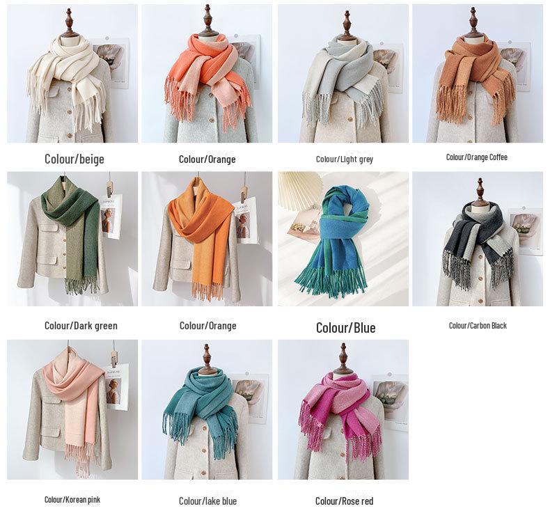 Double-Sided Solid Color Imitation Cashmere Scarf with Tassels – Cozy Korean Autumn/Winter Fashion for Students