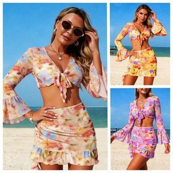 2026 Europäisches & Amerikanisches Bedrucktes Rückenfreies Bikini-Set mit Langem Gaze-Rock - Sexy Dreiteiliger Badeanzug