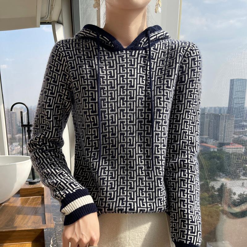 Jacquard Wool Hoodie for Women In Autumn and Winter New Casual and Versatile Cashmere Knitted Sweater Soft and Glutinous Skin-friendly Sweater