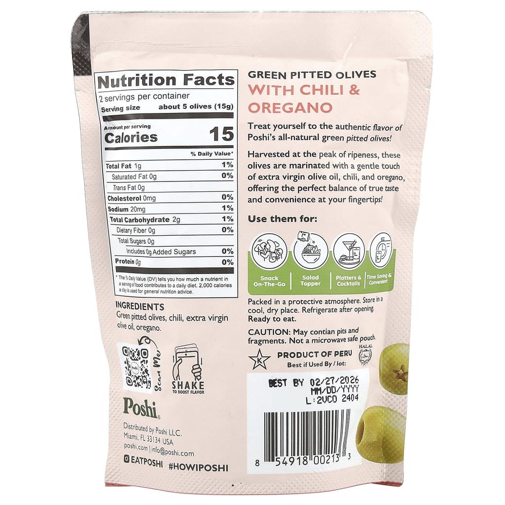 Poshi, Snack, Premium Green Olives, Chili & Oregano, 1.1 oz (30 g)