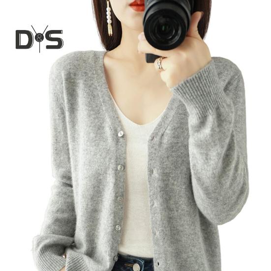 Spring Summer Knitting Cardigan V-Neck Long Sleeve Ribbed Cuffs Sweater Solid Color Single Breasted Stretchy Knitwear