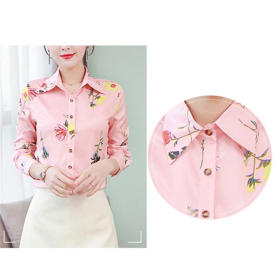 Slim Large Size Floral Fit Print Lapel Casual Button Long Sleeve Shirt Blouse