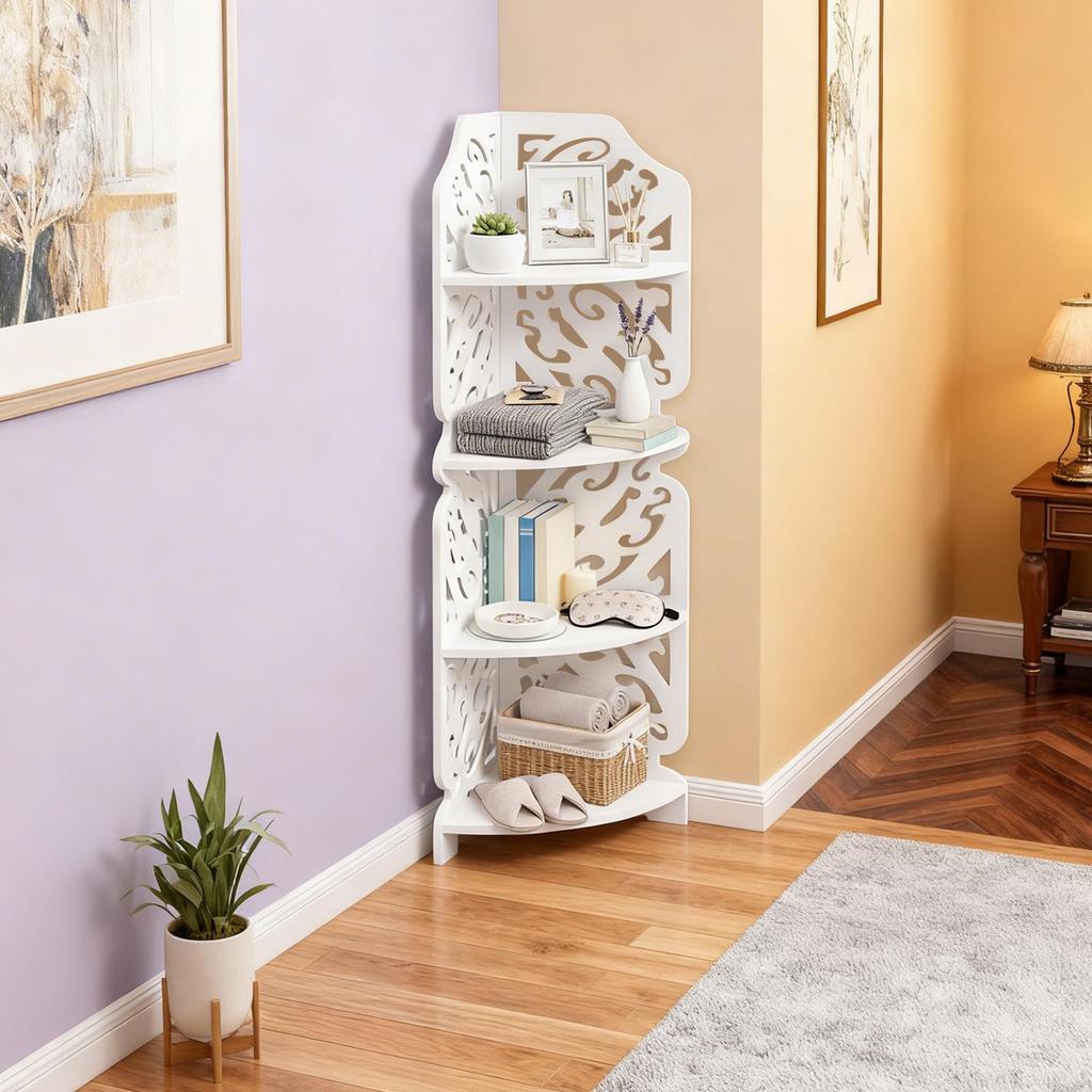 4-Tier Corner Storage Rack – Triangular PVC Shelf Unit for Bathroom, Living Room & Balcony – White