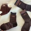 Lava Chocolate Mid-Calf Women's Lace Socks - Autumn/Winter, Brown Blue Polka Dot & Stripe, Korean Style