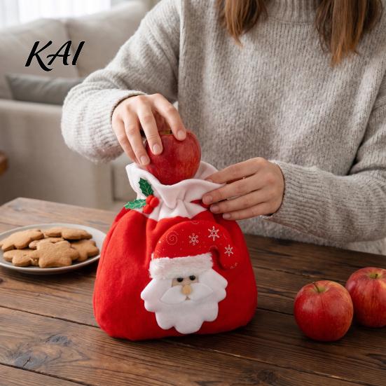 Drawstring Candy Pouches Christmas Flannel Bags, Fruit Cookie Packing Bag, Cute Holiday Goodie Bags Snowman/Santa/Elk Gift Wrap Bag for Presents,