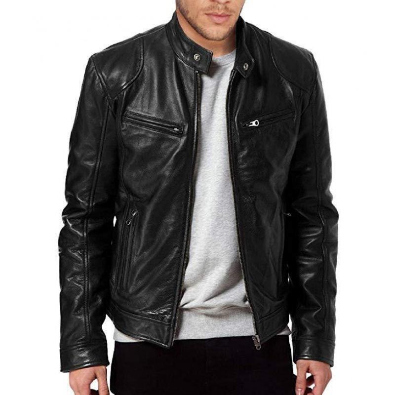 Foreign Trade Spring And Autumn New Men'S Stand-Up Collar Slim Leather Jacket Pocket Decorative Locomotive Clothing Pu Leather Jacket