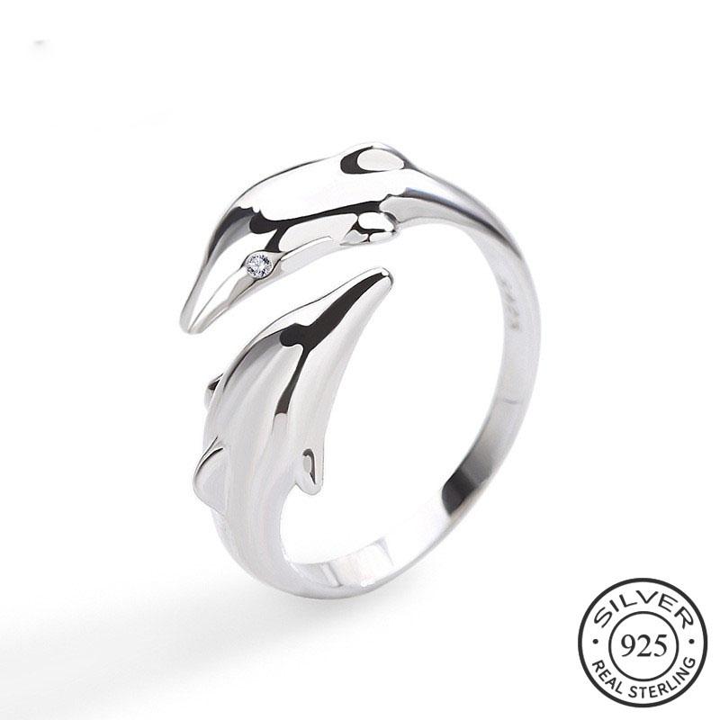 Echter 925er Silber Glatte Oberfläche Niedliches Tier Delfin Verstellbarer Ring Feiner Schmuck Für Frauen Party Bijoux Geschenk