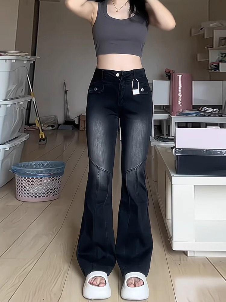Plus Size Black-Grey Stretchy Micro-Flare Jeans, Fleece-Lined, High-Waisted, Slimming, for Pear-Shaped Figures - Perfect for Autumn & Winter.