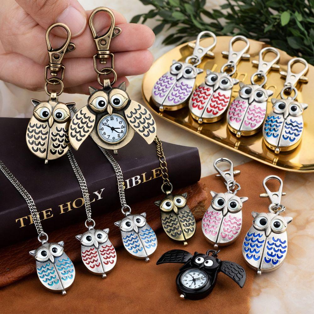 Flip Style Hang Watch Owl Shape Necklace Clock Pocket Watch Keychain For Unisex Adults Children