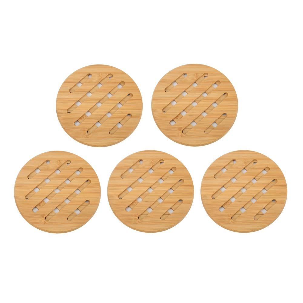 5 Pcs Durable Heat Proof Bamboo Hot Pad Round/Quadrate Portable Bamboo Trivet Heat Resistant Mat Bowl