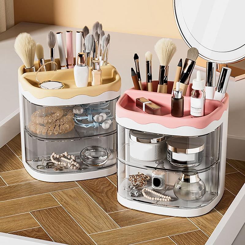 Practical Multi-Functional Desk Organizer Pen Holder Double Layers Rotating Pencils Storage Rack Student Cosmetics Storage Shelf