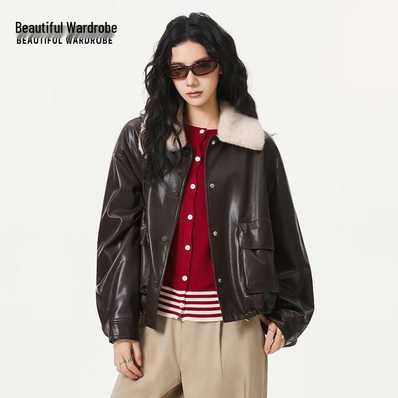 BEAUTIFUL WARDROBE Women's Retro Maillard Faux Fur Collar Short Jacket