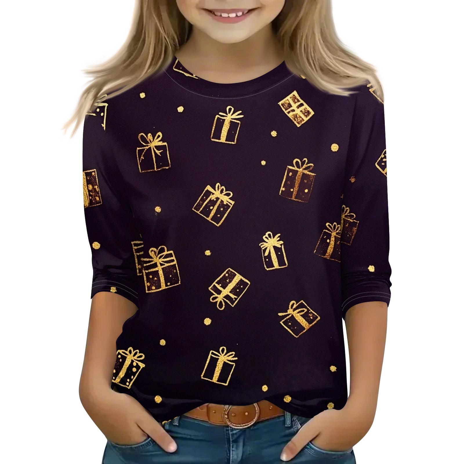 

Рождественские топы с принтом для девочек-подростков 5-16 лет, футболки с круглым вырезом и рукавами 3/4, модные топы, нарядные футболки 150 золотой