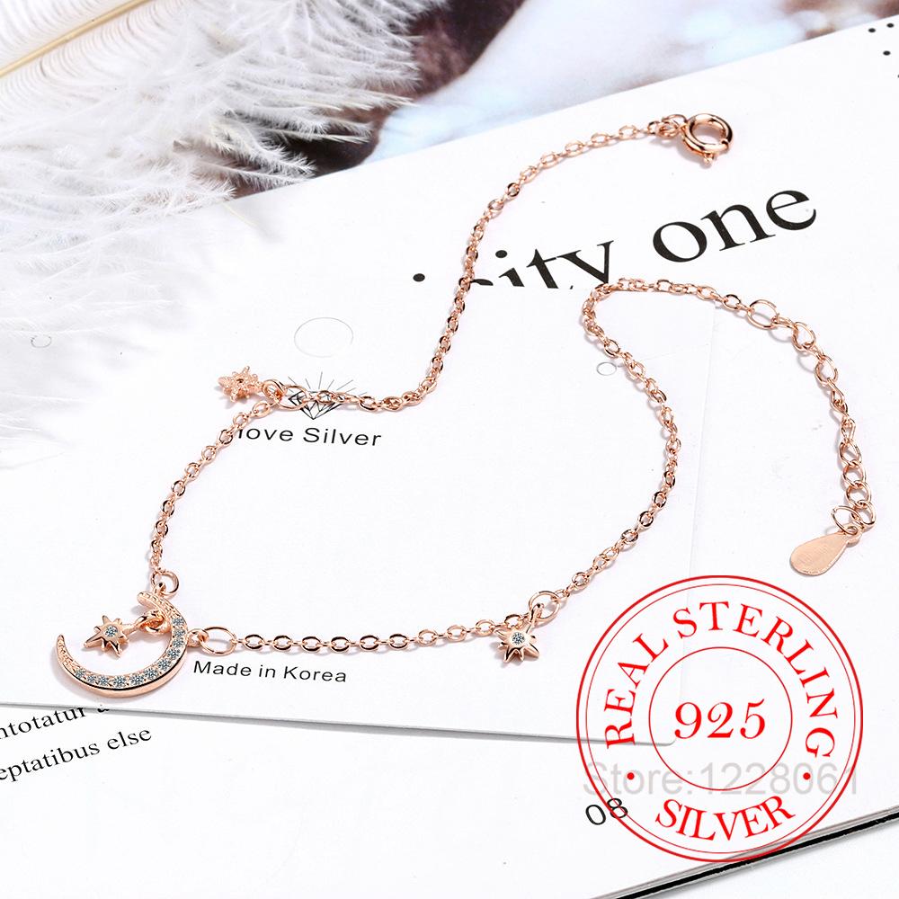 925 Silver Moon & Star Ankle Bracelet for Women, Zircon Minimalist Jewelry,Wedding Party Birthday Gift,Elegant Fashion Accessory