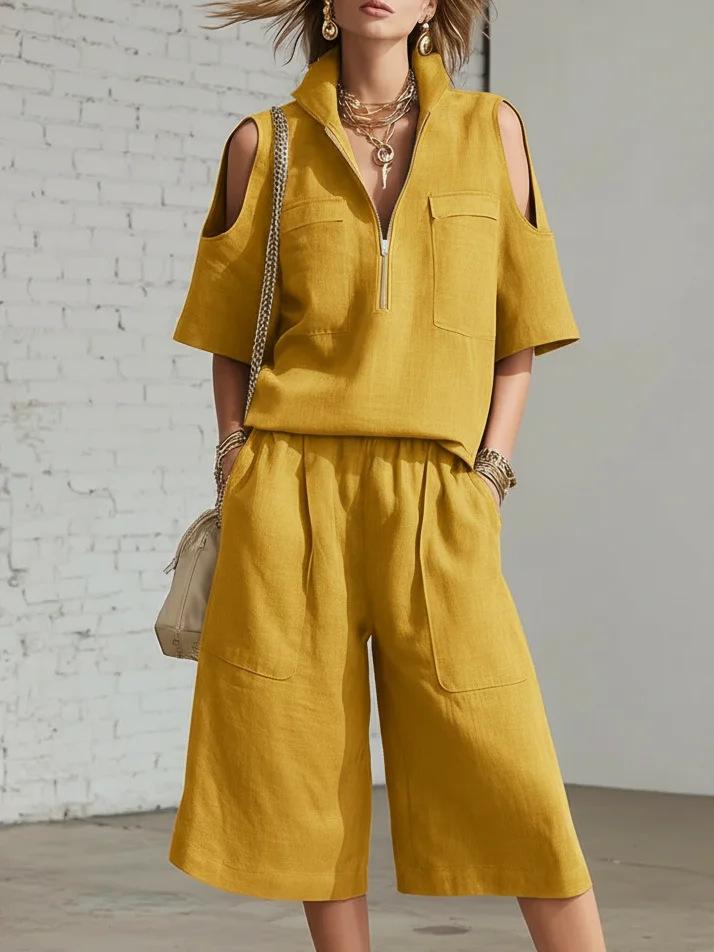 Tuta da donna senza spalline a maniche corte con colletto alla coreana e zip frontale in 5 colori