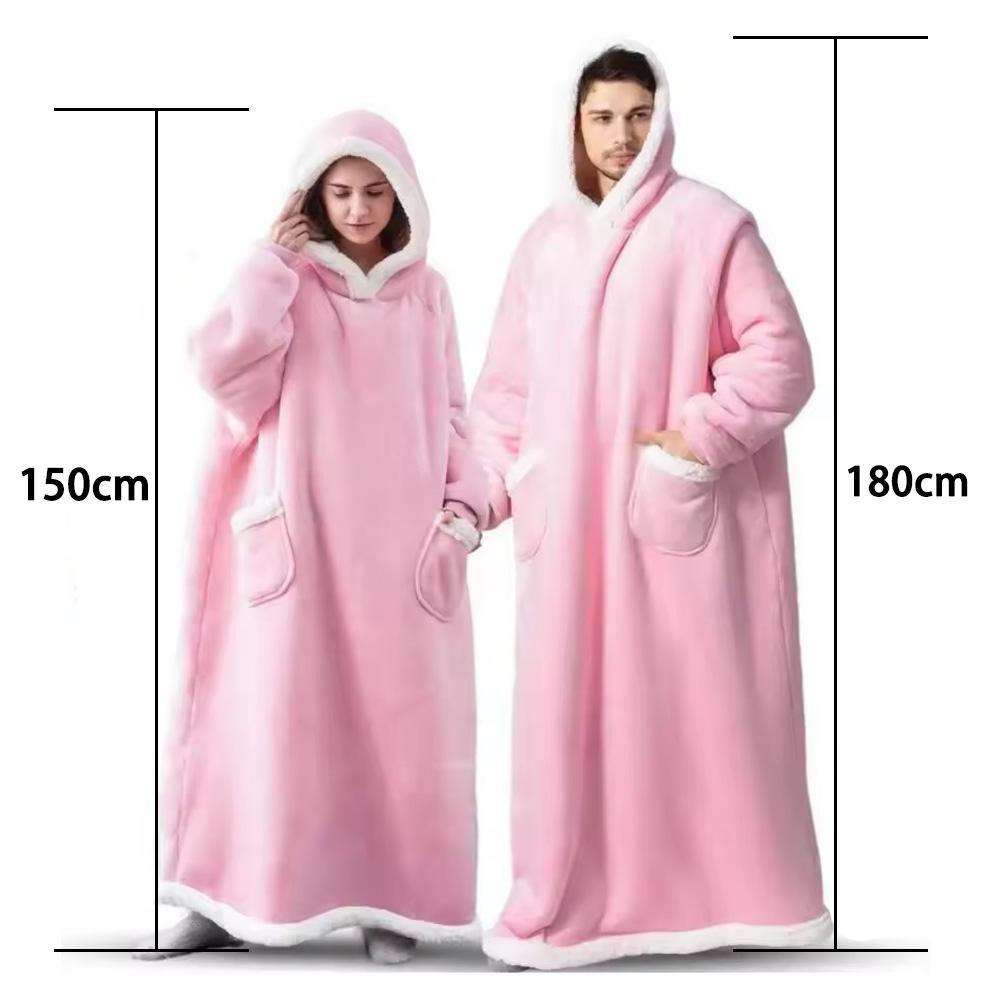 Super Long Flannel Blanket Pyjamas with Sleeves Winter Hoodies Sweatshirt Women Men Pullover Fleece Giant Oversized Warm Sleeping Robe