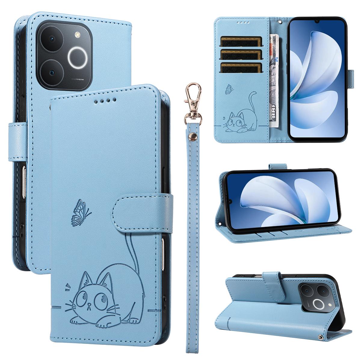 

For Realme Narzo 80 Lite 4G/Realme Note 70T 4G/Realme Note 70 4G/Realme C71 4G (India) Case Cat Pattern Imprint Leather Phone Cover with Wrist Strap