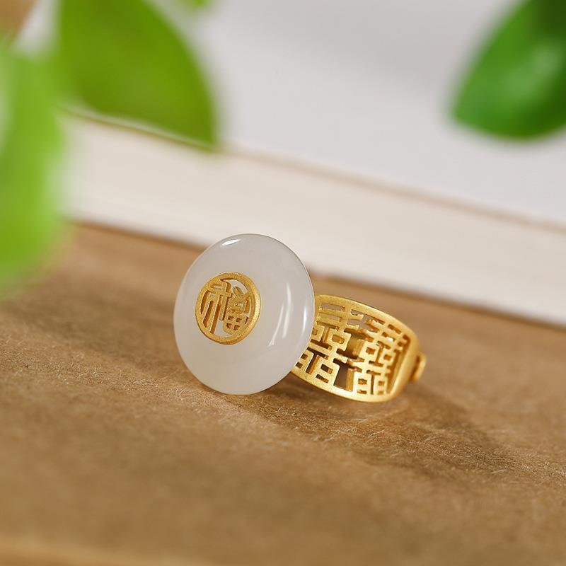 Inspired Design New Gold -Plated Inlaid Natural Hetian Jade Round Open Ring Elegant Charm Ladies Silver Jewelry