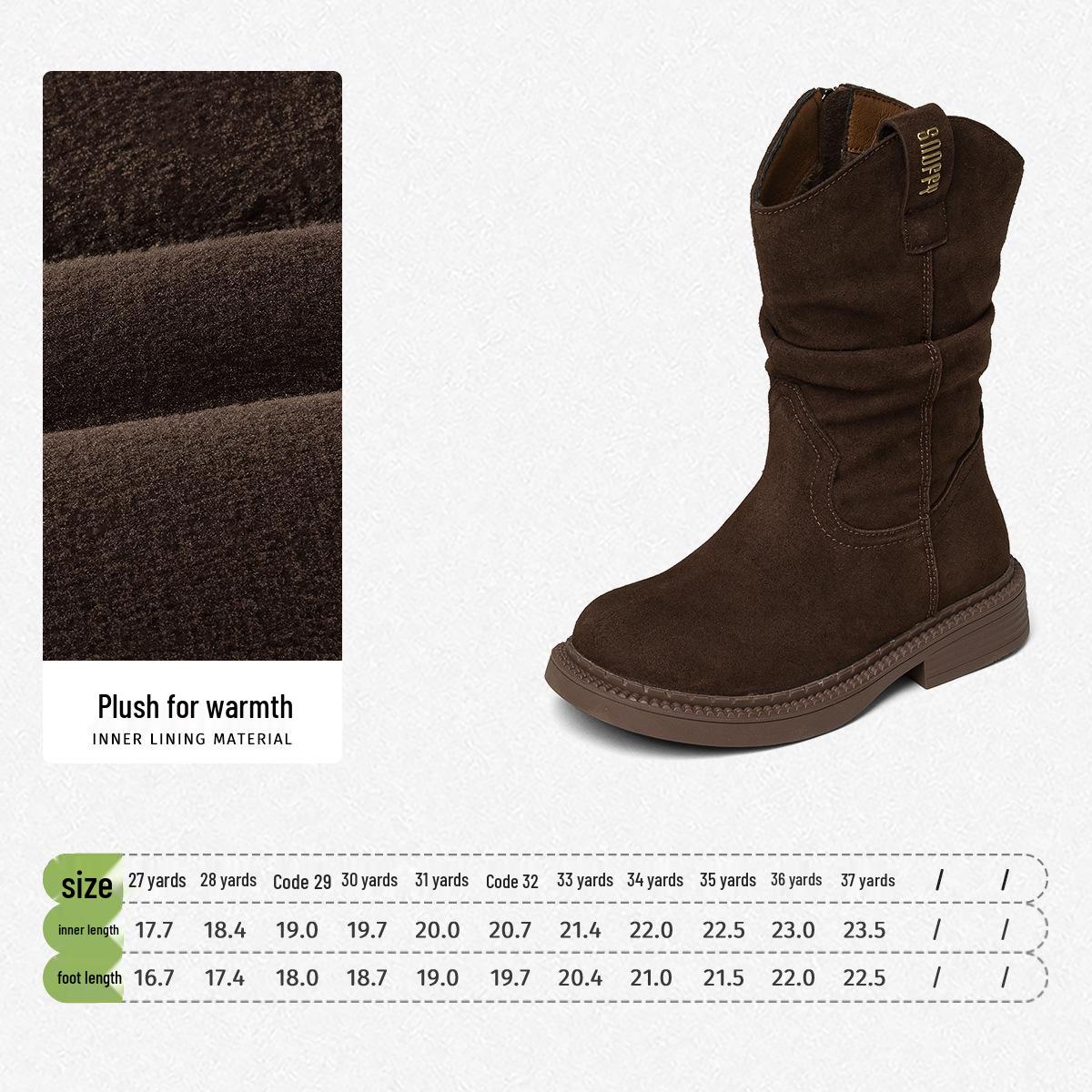 Snuffy Girls  2025 Winter Cotton Long Boots - Little Princess Velvet-Lined Birken-Style Leather Fashion Boots 33
